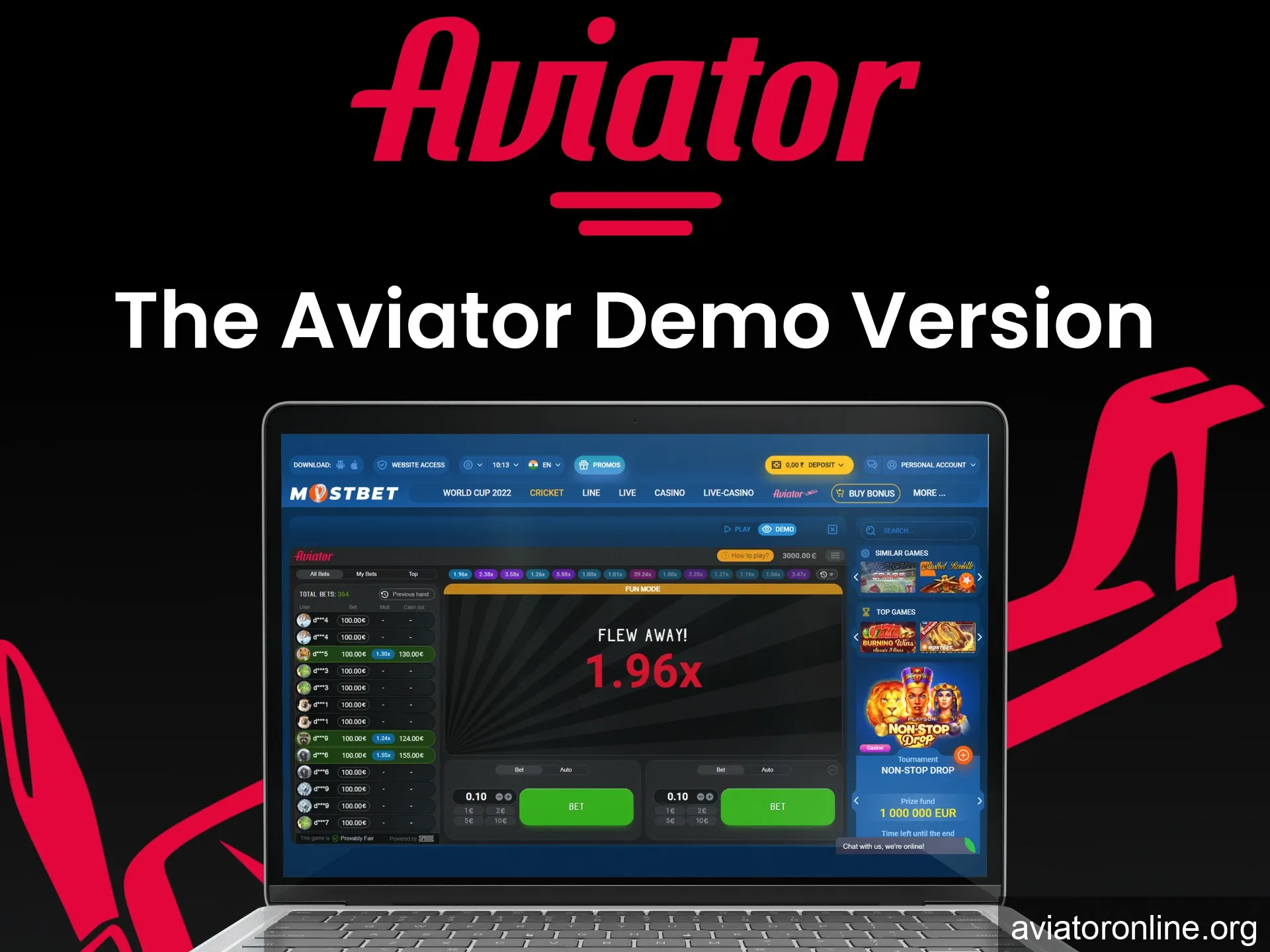 To start winning and earning money, you can practice in the demo version of the Aviator game.